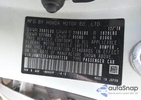 2019 Honda Civic Ex z USA, uszkodzony, nr VIN JHMFC1F34KX007230